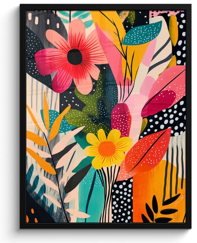 Poster in lijst - Fotolijst 50x70 cm - Posters - Schilderij - Abstract - Bloemen - Roze - Posterlijst zwart - Decoratie - Wanddecoratie woonkamer - Muurdecoratie slaapkamer