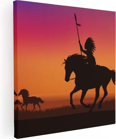 Artaza Canvas Schilderij Paarden Zonsondergang - 30x30 cm - Klein - Muurdecoratie Indiaan - Wanddecoratie Silhouet - Kamer Accessoires Woonkamer