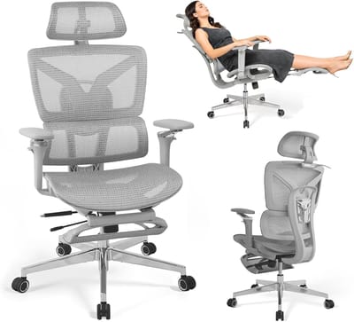 Ergonomische Bureaustoel - Gamestoel Voetensteun - Comfortabel Werken - 5D Verstelbare Armleuningen - Tot 200 kg - Grijs