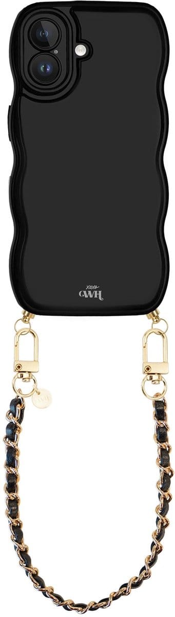 xoxo Wildhearts Glossy Wavy Cord Case Black - Geschikt voor iPhone 17 - Classic Chain - Kort koord - Glimmend telefoonhoesje met golven - Hoesje met koord - Zwart met gouden ketting - Telefoonkoord - Korte variant koord