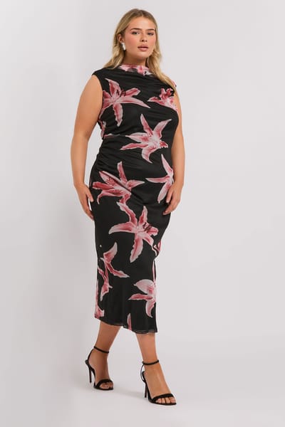 Yours London Midaxijurk Zonder Mouwen Met Lelieprint In Zwart/Roze Size 42