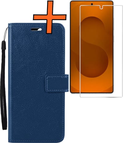 Hoes - Met Screenprotector - Geschikt voor Samsung Galaxy S25 Ultra - Luxe Pasjeshouder - Bookcase Portemonee - Flip Case - Kunstleer Book Case - Flipcase - Book Cover - Walletcase - PortemonneeHoes - Donkerblauw