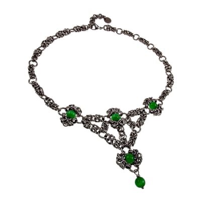 Byzantinischer Choker met Groene Kattenoog Stenen - Handgemaakte Dames Ketting - RVS - Verstelbare Ketting 45 tot 50cm