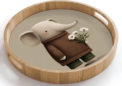 Dienblad rond 40x40 cm - Schootdienblad hout - Olifant - Witte bloemen - Kindvriendelijk - Borrelplank rechthoek - Plateau houten dienbladen