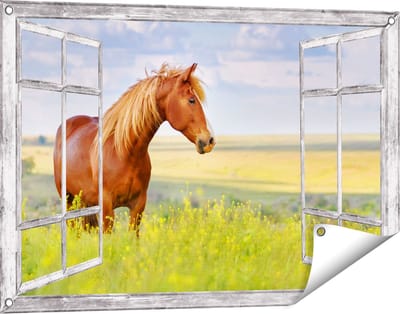 Gards Tuinposter Doorkijk Bruin Paard in de Wei - 90x60 cm - Tuindoek - Tuindecoratie - Wanddecoratie buiten - Tuinschilderij