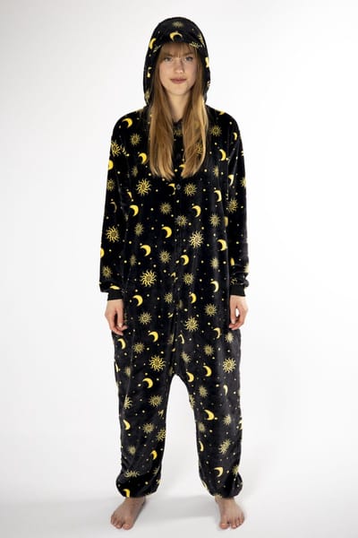 KIMU® Onesie Maan Zon Sterren Pak - Maat XS-S of 152-158 - Sterrenpak Kostuum Zwart - Huispak Maantjes Pyjama Zonnetjes Sterretjes Dames Heren Festival