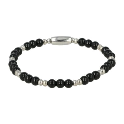 My Bendel - Fijne Zilverkleurige Elastische Armband Onyx Edelsteen 4mm - Elastische Onyx Armband - Luxe Stainless Steel Design - met Luxe Cadeauverpakking | Sieraden Voor Dames | Maat S