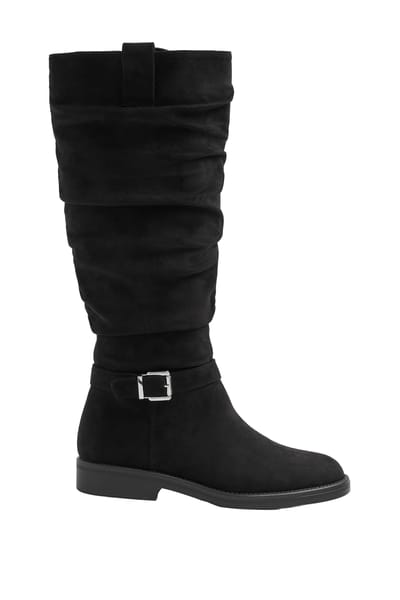 Yours Zwarte Knielaarzen Van Imitatiesuède Met Gespdetail In Extra Brede Epasvormsize 37E