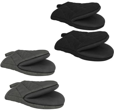 Ovenwanten - 2 Paar - Korte ovenwanten - Bakhandschoenen - 20 x 14.5 cm - Hittebestendige handschoenen - Herbruikbaar - Warmte-isolerende handschoenen - Antislip gripoppervlakken - Ophanglus handschoenen - Voor bakken, koken - Zwart, Donkergrijs