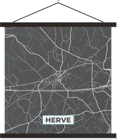 Posterhanger incl. Poster 60x60 cm - Schoolplaat - Plattegrond – Herve – Blauw – Stadskaart - Kaart - Textielposter - Zwarte latten - Stadskaart