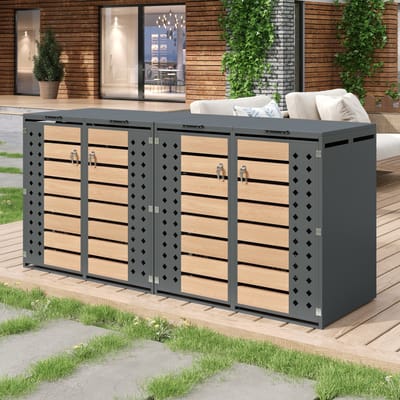 OKWISH Afvalcontainer Ombouw - Hydraulische Klapdeksel - 4 Deuren Met Slot - Voor Tuin En Binnenplaats - Staal Grijs Hout