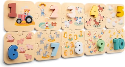 Woet® Houten Cijferpuzzel Boerderij - Leren Tellen - Getallen 1 t/m 10 - Puzzel met Cijfers en Dieren - FSC Educatief Speelgoed - Vanaf 2 Jaar
