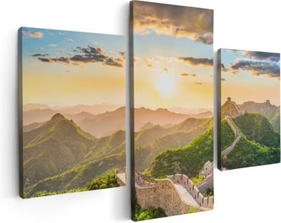 Artaza Canvas Schilderij Drieluik De Chinese Muur door de Bergen met Zon - 90x60 - Foto Op Canvas - Canvas Print