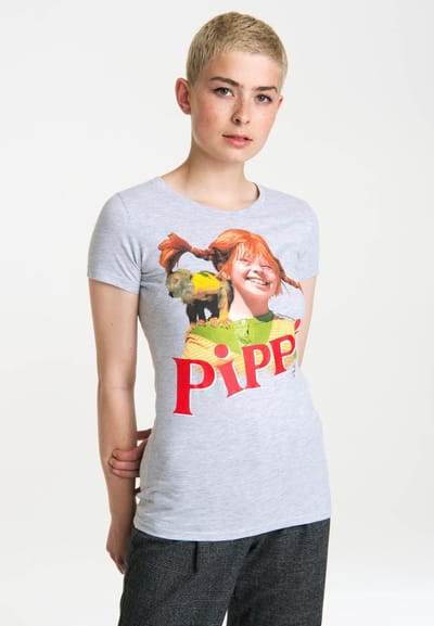 Logoshirt Vrouwen T-shirt Pippi Longstocking - Meneer Nilsson - Shirt met ronde hals van Logoshirt - grijs gespikkeld