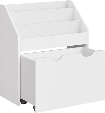 SONGMICS GKR041W10 Speelgoedrek met 3 vakken, boekenkast voor kinderen, verplaatsbare speelgoedkist met wielen, multifunctioneel, kinderkamer en speelkamer, wolkwit