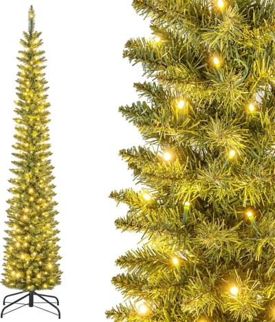 COSTWAY Kunstkerstboom met verlichting, potloodvorm van 180 cm, spar met 180 warmwitte ledlampen, smalle kerstboom voor thuis, groen