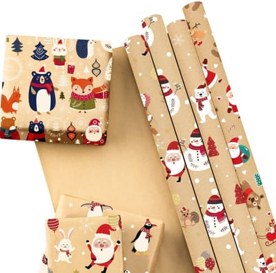 Allecto - Kraft-kerstinpakpapier - Kerstthema - 6 vellen - 44,5 x 76 cm - Cadeaupapier - Perfect voor kerstcadeaus - Decoratief en duurzaam