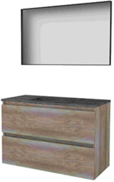 Basic-Line Framed 46 Badkamermeubelset - 100 x 46 cm - Greeploos - 2 Lades - Hardstenen Wastafel - Zonder Kraangat - Spiegel met Zwart Aluminium Frame - Scotch Oak