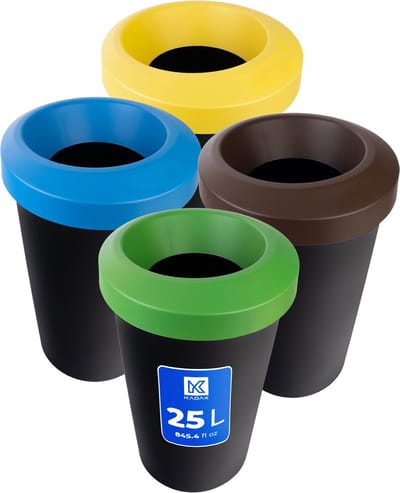 KADAX Afvalemmerset voor afvalscheiding, ronde vuilnisemmer van robuust kunststof, afvalemmer, afvalsorteerder, afvalverzamelaar, afvalscheidingscontainer (4 x 25 liter)