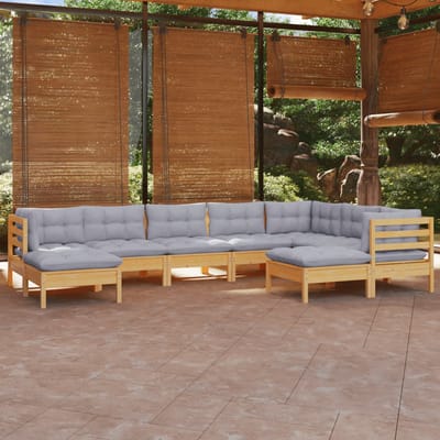 vidaXL - 9-delige - Loungeset - met - grijze - kussens - massief - grenenhout