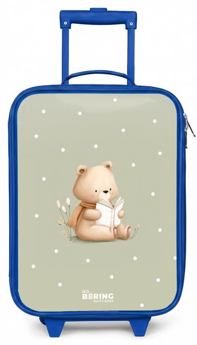 NoBoringSuitcases.com® - Kinderkoffer blauw - Kindertrolley jongen - Een bruine beer die een boek leest - Groen - Koffer kind lichtgewicht - Reiskoffer trolley voor kinderen - Koffertje met lichtgevende wieltjes - Rolkoffer
