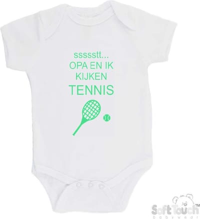 100% katoenen Romper "ssssstt... Opa en ik kijken tennis" Unisex Katoen Wit/mint Maat 62/68