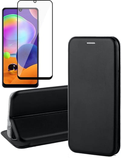 Hoesje geschikt voor Samsung Galaxy A31 - Screen Protector FullGuard - Book Case Kunstleer ThinShield Zwart & Screenprotector