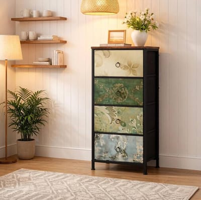 HAUSS SPOLE Dressoir - Vintage Ladekast Met 4 Stoffen Laden - Opbergkast Voor Slaapkamer Hal En Woonkamer - Hout Metaal Stof - 45x30x94,5 Cm - Multikleur