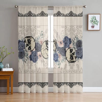 Halloween Bloem Schedel Slaapkamer Transparante Dunne Gordijnen Vakantiedecoratie Raam Voile Tule Gordijn 135W x 114H(cm) gray