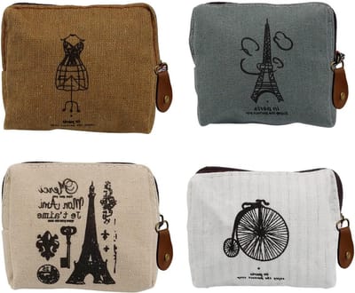 Kleine Vintage Muntzakjes en Cosmetica Tasjes, Mini Canvas Ritsportemonnees voor Geld, Lipstick en Make-up, Set van 4 Kleurrijke Tassen