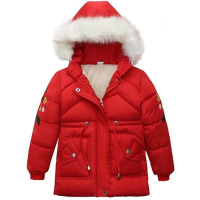 Katoenen winterjas voor meisjes Dikkere middellange jas Kinderbaby pluchen pluche jas met capuchon 110cm rood