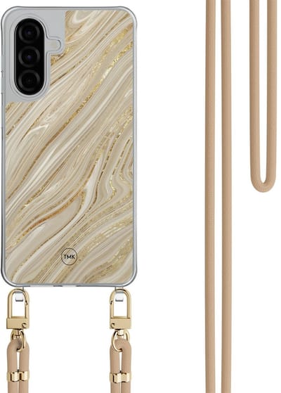 Telefoonhoesje met koord geschikt voor Samsung A26 - Golden marble - Inclusief Beige koord - Transparant, Goud - Marmer - Crossbody beschermhoes - Met Telefoonketting