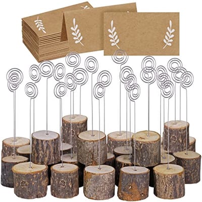 Rustieke Houten Kaarthouders met Swirl Wire - 30 Stuks - Perfect voor Bruiloften en Feesten