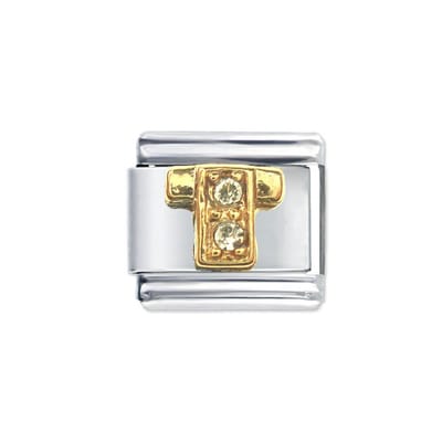 Schakel Bedel - Letter T - met strass - 9mm - Schakel voor Italiaanse Bedelarmband- Plated