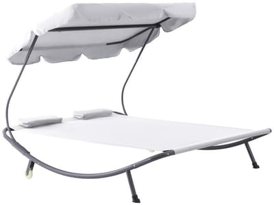 CINK Lounge® Dubbele Ligstoel met Zonnedak – 2 Persoons Tuin Ligbed – Verstelbaar – Met Kussens – Stalen Frame – Opvouwbaar – Crème