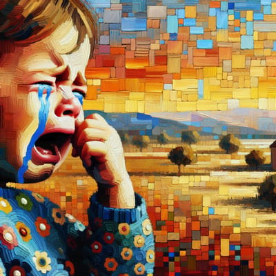 Olieverf huilend kind schilderij | Tranen van verf: portret van een huilende kinderkunstwerk | Kunst - 30x30 centimeter op Canvas | Foto op Canvas