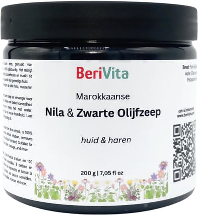 Marokkaanse Zwarte Zeep met NILA 200gr - Olijfzeep - Nilazeep - Sabon Beldi met Blauw Nila Poeder - Moroccan Black Soap