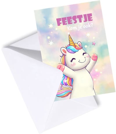 Uitnodiging kinderfeestje - Uitnodiging feestje Meisje - Eenhoorn Unicorn - Uitnodigingskaarten set 8 stuks met enveloppen