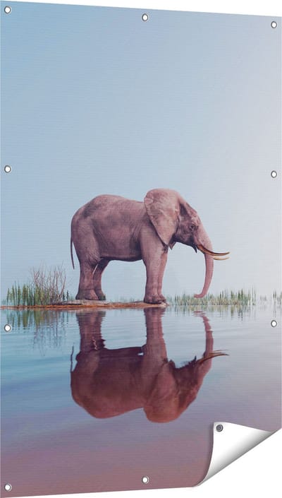 Gards Tuinposter Olifant bij het Water - 80x120 cm - Tuindoek - Tuindecoratie - Wanddecoratie buiten - Tuinschilderij