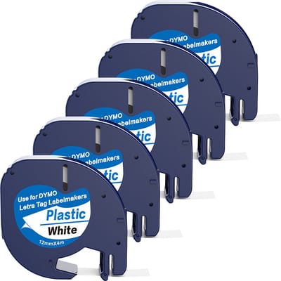 Boxstuff - Dymo LetraTag 91201 - S0721610 - Label Tape - Zwart op Wit plastic - 12 mm x 4 m - 5 Stuks