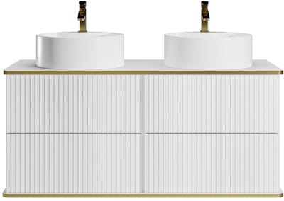 Vente-unique Hangmeubel voor badkamer met ribbels en goudkleurige rand met ronde opbouwwastafel - Wit - 120 cm - KELIZA