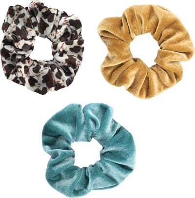 Scrunchie 3 stuks Velvet Extra Vol en Luxe - haarelastiek haarwokkel scrunchies - panterprint grijs met bruin - goud - turquoise  - Kraagjeskopen.nl