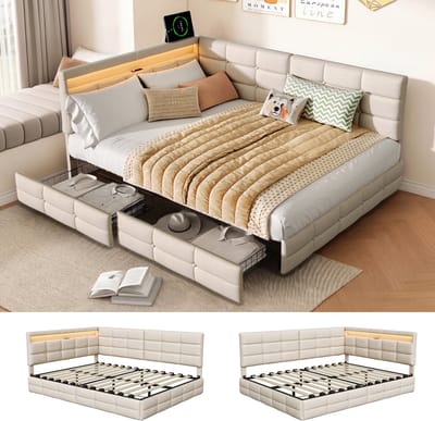 L-vormige slaapbank 140x190cm met 2 lades, dagbed, eenpersoonsbed, verstelbaar hoofdeinde, kinderbedframe, beige linnen stof
