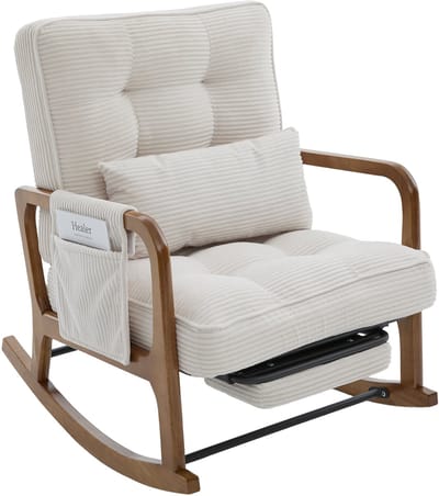 Beige Corduroy Schommelstoel - Relaxstoel Met Zijzakken - Verstelbare Rugleuning - Uitschuifbare Voetensteun - 150kg - Woonkamer - 70x80x92cm - Beige