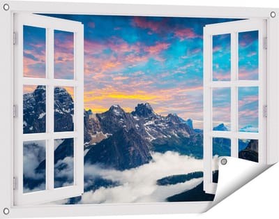 Gards Tuinposter Doorkijk Bergen Landschap met Wolken in Italië - 90x60 cm - Tuindoek - Tuindecoratie - Wanddecoratie buiten - Tuinschilderij