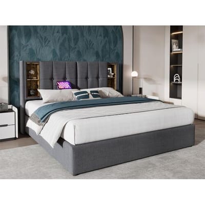 ModernLuxe Gewatteerd opbergbed 140x200 cm - met draadloos opladen en opberghoofd - katoenen stof - Grijs