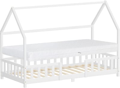 Kinderbed huisbed 90x200 cm wit gemaakt van dennenhout incl. matras H-16cm uitvalbeschermend dak en lattenbodem ML-Design