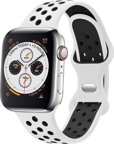 Strap-it Classic Sportbandje - Geschikt voor Apple Watch bandje -Series 1/2/3/4/5/6/7/8/9/10/11/SE/SE2/SE3/Ultra (2/3) - Wit/Zwart - Siliconen bandje sport - Sport Loop iWatch bandje maat: 44mm / 45mm / 46mm / 49mm