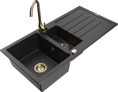 Mexen Andres granieten spoelbak 1,5-kamer met afdruiprek en keukenkraan Telma, zwart/zilver - 6515-73-670200-50