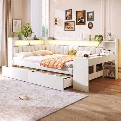 MODFU Bedframe 140x200 cm – 242,5x152,5x93,5 cm – Gestoffeerd met bureau, 2 laden, USB en LED – Wit